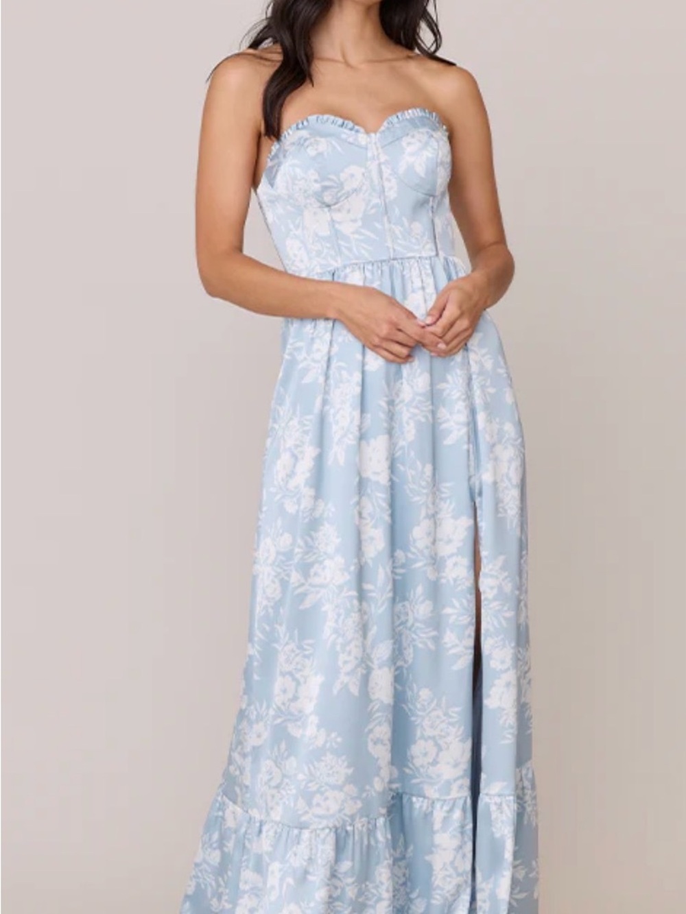 Revelry Light Blue Strapless Floral Lace Maxi Dress